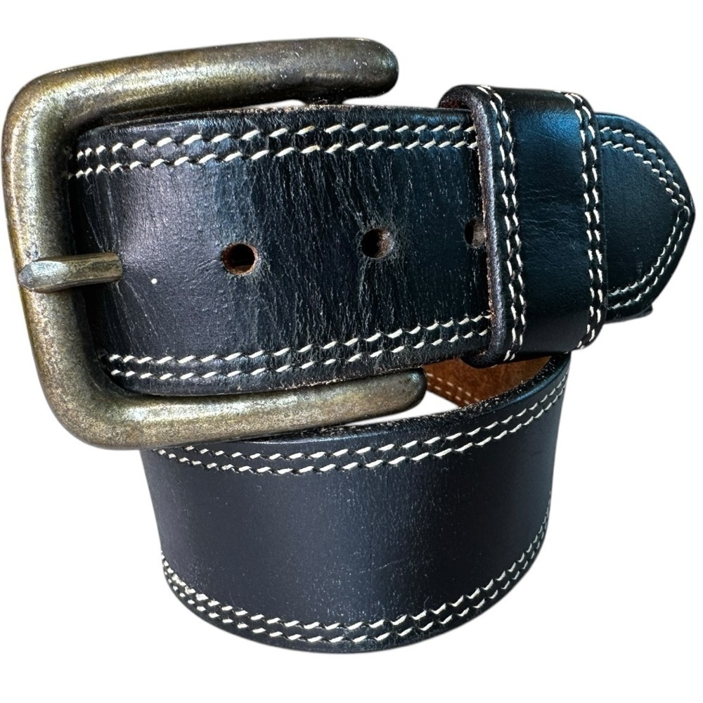 Vintage Royal Coachman Wide Black Genuine Leather Belt Contrast Stitching